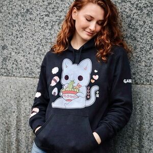 Tasty Peach Graphic Hoodie Cute Cat Udon Print Black‎